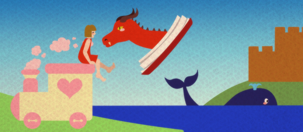 Ilustración para el día internacional del libro. Hay una niña sentada en un tren, un dragón saliendo de un libro, una ballena y un castillo.